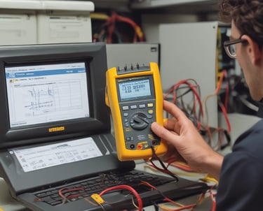A spacious industrial workshop with multiple blue and white rail maintenance vehicles positioned on tracks. The vehicles are surrounded by a structural framework of yellow metal platforms and ladders, used for maintenance purposes. Overhead cranes and a lattice of beams and lighting fixtures dominate the ceiling, providing a busy industrial atmosphere.