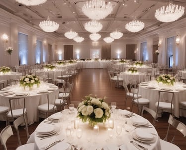 salon de eventos fiestas elegante con mesas blancas y sillas elegantes con centro e mesa floral