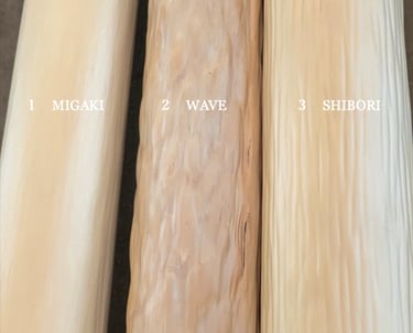 Three textures of Japanese cedar logs: smooth Migaki, textured Wave, and vertical Shibori grain.