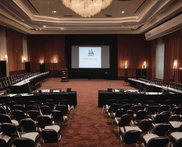 A vibrant conference room set up with professional audio and visual equipment, ready for a presentation.