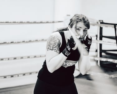 Pro Boxer Sarah "Savage" French, black and white digital photo by Jasmin Huitzil