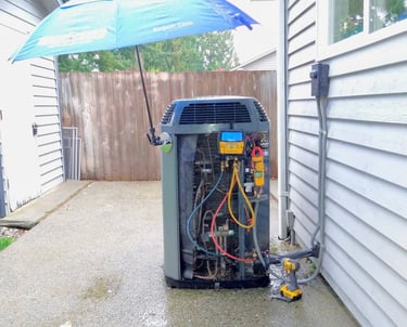 An outdoor HVAC system maintenance during a visit to our client making readings on the digital tool