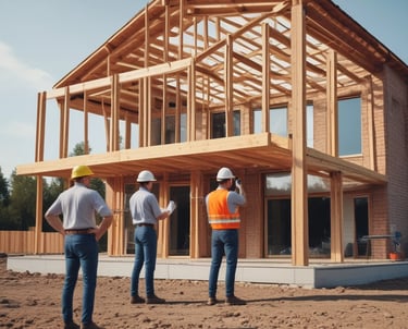 A construction worker wearing a helmet inspecting a building site.
