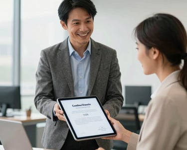 A professional Southeast Asian consultant in a modest business outfit presenting a digital legal certificate on a tablet to a smiling business owner in a bright, modern office.
