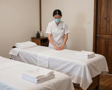 A clean and serene interior of a traditional Indonesian therapy room (Griya Sehat) with white linens, wooden accents, and a professional, calming medical atmosphere.