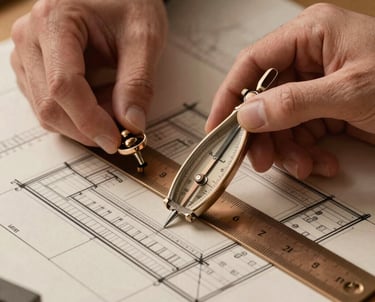 A close-up shot of hands holding a compass and a ruler over a detailed technical drawing of a foundation. The color palette is warm bronze and sand, reflecting architectural heritage.