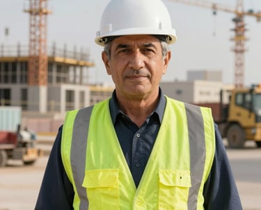 A professional portrait of a senior project manager wearing a white hard hat and a reflective vest, standing in front of an active construction project. The setting is a Middle Eastern / Gulf industrial zone during the daytime.