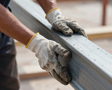 A close-up photograph of a professional worker's hands wearing heavy-duty gloves, guiding a large steel beam during a construction project. The focus is on the precision and effort involved.