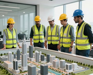 A group of engineers in safety vests and hard hats looking at a large physical model of a city masterplan. The room is modern and bright, showing a professional Middle Eastern office.