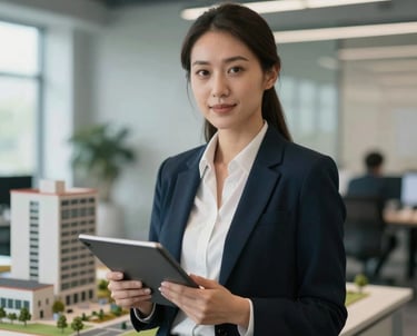 A professional portrait of a female project engineer holding a tablet, standing in a modern architectural office. The background is softly blurred, showing building models and plans.