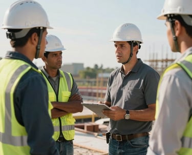 A candid shot of a site supervisor in a hard hat talking to a team of workers on a construction floor. The sunlight is bright and natural, typical of a Gulf afternoon.