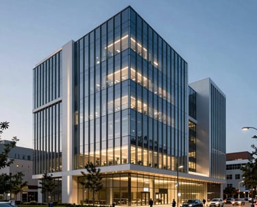 Exterior view of a sleek, innovative biotech research building at dusk with architectural lighting highlighting glass facades, North American / International urban location.