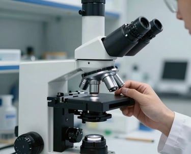 Close-up of a high-powered laboratory microscope being adjusted by a professional researcher in a modern lab with steel blue accents, North American / International setting.