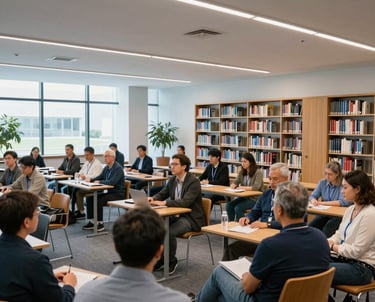A wide-angle photograph of a community leadership seminar held in a contemporary North American library, featuring engaged participants in a bright, professional environment with steel blue highlights.