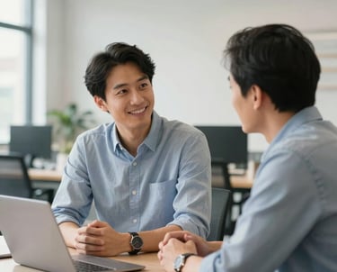 A professional and optimistic scene of an entrepreneur in a bright, modern North American shared workspace consulting with a mentor, natural lighting, clean composition with blue and light grey accents.