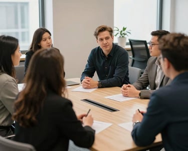 A confident speaker presenting communication skills workshop to a small group.