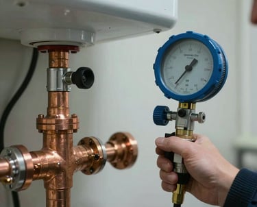 A professional gas leak testing device sniffing around copper joints and connections of a boiler safely in Tekirdağ / Thrace, Turkey.