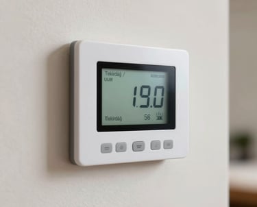 A close-up of an elegant, modern digital room thermostat installed on a clean, soft-colored wall in a home in Tekirdağ / Thrace, Turkey, showing perfect interior temperature.
