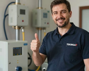 Portrait of a certified gas installation expert showing a friendly hand gesture, standing next to modern equipment in Tekirdağ / Thrace, Turkey. Cozy, professional background.