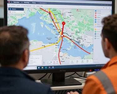 A dispatch coordinator looking at a screen mapping real-time service locations in Tekirdağ / Thrace, Turkey, arranging swift routes for emergency heat restoration.
