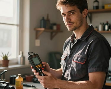 A younger skilled boiler repair specialist holding a digital pipe checking device, looking confident in Tekirdağ / Thrace, Turkey. Warm sunlight lighting up the workspace.