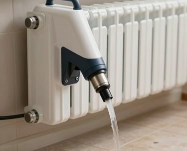 Clean, modern chemical flushing machine pumping cleaner through home heating radiators in Tekirdağ / Thrace, Turkey. Professional work, sand-toned tiles visible.