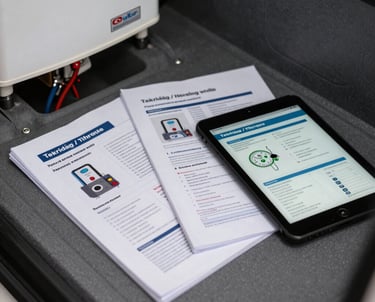 A close-up shot of neat heating repair manuals and a tablet showing boiler repair guides inside a clean mobile service van in Tekirdağ / Thrace, Turkey.