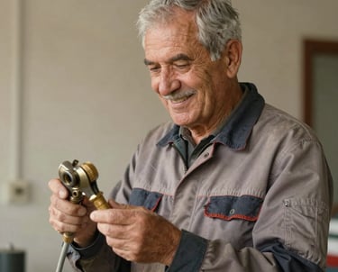 Portrait of an experienced senior gas heating engineer in clean work clothes, smiling and checking tools in Tekirdağ / Thrace, Turkey. High clarity, warm earthy tone.
