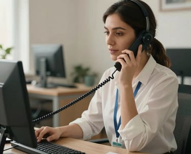 Warm, brightly lit service customer care representative talking on the phone in a cozy office in Tekirdağ / Thrace, Turkey, scheduling service calls.