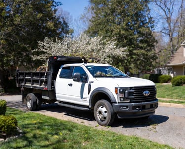 2024 Ford F-550 high side dump truck loaded with light yard waste and branches during professional y