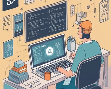 A professional workspace with a laptop displaying code and data charts.