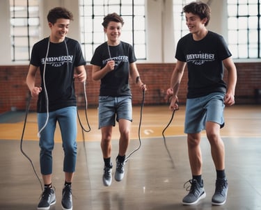 Three young boys jump rope together in a gym for cardio fitness and athletic training.