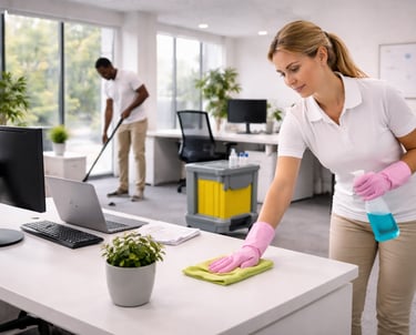 Professional commercial cleaning team disinfecting office desks and workspace during office cleaning