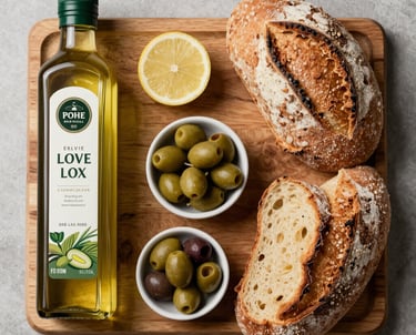 A flat lay of gourmet products including AOVE, artisan bread, and olives, arranged artistically on a wooden board, Mediterranean / Spanish / Andalusian style.