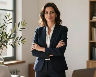 A professional woman with a welcoming but authoritative expression, standing in a sunlit Mediterranean / Spanish / Andalusian office with olive branches in a vase on the desk.
