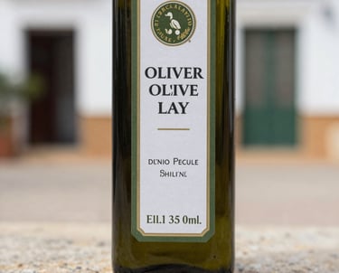 Close-up of a premium olive oil bottle with an elegant label, placed on a stone surface in a Mediterranean / Spanish / Andalusian setting, soft natural lighting.