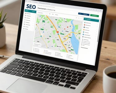 A close-up of a laptop screen showing a local SEO dashboard with maps of Jaén, in a clean and modern Mediterranean / Spanish / Andalusian workspace.