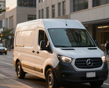 A sleek cargo van speeding through city streets under a clear sky.