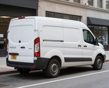 A sleek cargo van speeding through city streets under a clear sky, symbolizing fast delivery.
