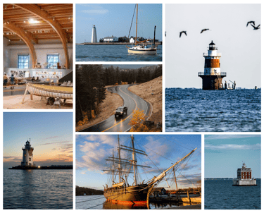 Connecticut what to see collage of photos of a lighthouse and a lighthouse