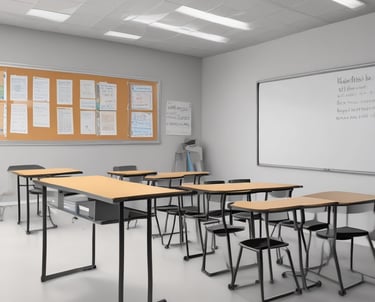 A modern office space featuring an open-plan layout with long wooden desks and black office chairs. The interior includes glass walls with black frames and overhead industrial-style lighting. A red neon sign provides ambient lighting, and exposed ceiling ductwork adds to the industrial aesthetic.