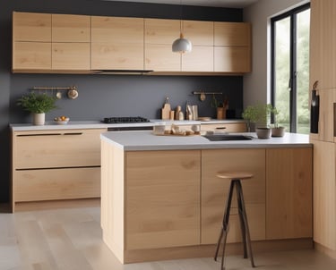 A modern office space featuring a long white table with several black and brown chairs around it. A black desk lamp and some office supplies are on the table. The wall displays abstract artwork and a clock, while a printer is located in the corner. The room has wooden flooring and a door with glass panels.