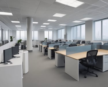 A clean and organized office space with bright lighting and minimal clutter.