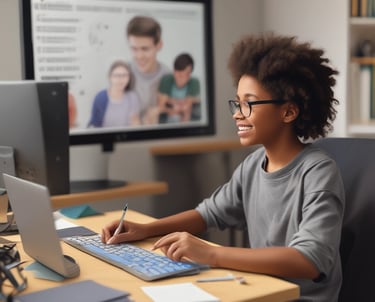 A teacher is engaging with a group of students sitting at a desk. The students are dressed in matching attire and wearing traditional headwear. They appear focused on their studies as they interact with the teacher. Books are open in front of them, and shelves filled with books are visible in the background.