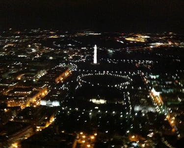 Washington Monument and White House Complex at night from Eagle 1, US Park Police