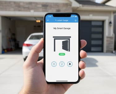 image of hand holding a phone with a smart app that opens the garage door
