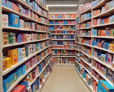A variety of neatly arranged wholesale products on display in a warehouse.