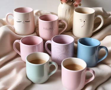 A cozy setup featuring whimsical mugs and accessories.