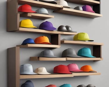 Close-up of stylish men's caps and hats arranged on a wooden shelf.