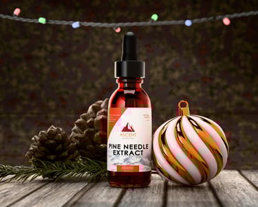 A 3D rendering of two pine cones, a dropper bottle of pine needle extract and a christmas ornament